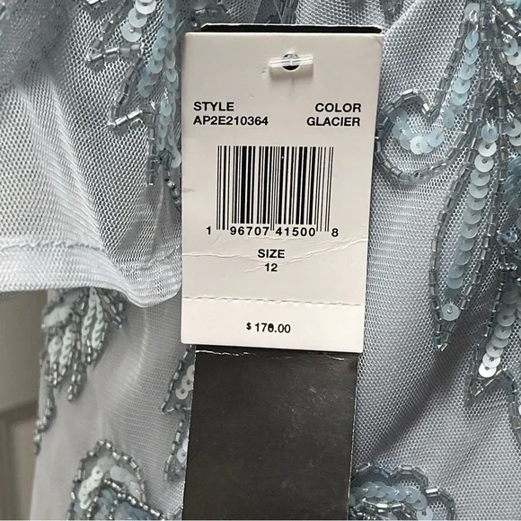 NWT Adrianna Papell Boutique Glacier Pale Blue Beaded Illusion Cocktail Gown 12 - Picture 10 of 16
